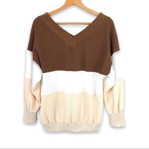 Brown / White / Tan Color Block Waffle Knit V-Neck Sweater